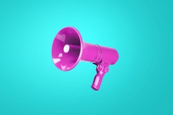 Beautiful colored pink megaphone on a cold blue background. A combination of complimentary colors. Advertising and message concept