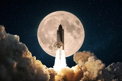 New space rocket with smoke and clouds takes off into the sky with full moon. Shuttle spaceship liftoff. Space Mission Launch Concept. 