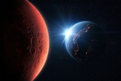 New Space Mission. Amazing red planet Mars and Beautiful blue planet earth with the lights of the sun. Space Wallpaper and Journey to Mars 