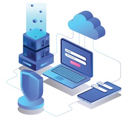 Flat concept isometric illustration. cloud server security and data analytics