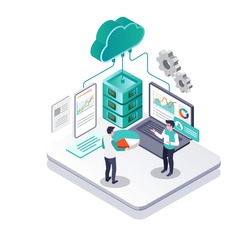 Isometric illustration design concept. perform cloud server data analysis and trading