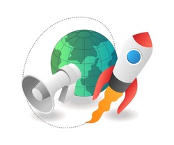 Flat isometric illustration concept. round the world rocket launch campaign