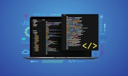 Concept of computer programming or developing software. Laptop computer with code on screen and design elements. Python, CSS, HTML, GO, PHP, React, C++ computer language. 