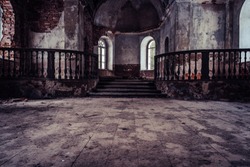 Inside Interior of an old Abandoned Church in Latvia, Galgauska - light Shining Through the Windows, Post Apocalyptic, Desaturated Vintage Look