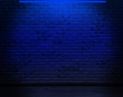 Product showcase spotlight background. Brick wall, background, blue neon light