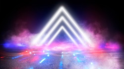 Futuristic background with neon shapes of a triangle, reflection, smoke. Empty tunnel with neon light. 3d illustration 