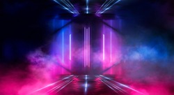 Background wall with neon lines and rays. Background dark corridor with neon light. Abstract background with lines and glow. Wet asphalt, neon smoke.