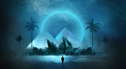 Futuristic night landscape with abstract landscape and island, moonlight, shine. Dark natural scene with reflection of light in the water, neon blue light. Dark neon circle background. Pyramids 