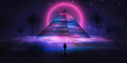 Futuristic abstract night neon background. Light pyramid in the center. Night view of the pyramid illumination. Neon lights reflected on wet asphalt.
