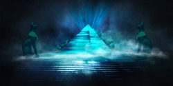 Dark scene with egyptian pyramid and egyptian cat Bastet. The mystical atmosphere of antiquity. abstract dark background, neon blue light. Futuristic style.