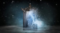 Dark room, a magical antique mirror. Night view of the room, fantasy. Dark abstract background with a square mirror. Neon light, smoke, smog.