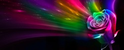 Abstract multicolored neon background. Abstract multicolored rose, neon light, glare. Magic flower.