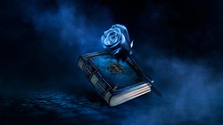 Fantasy magic dark background with a magic rose, flower, old book, old iron mirror. Smoke, smog, night view of a dark street. Reflection of blue neon light. Magic, fortune telling.
