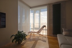 Motorized roller blinds in the interior. Automatic solar shades large size on the windows. Modern interior with a relax chair by the window. Electric sunscreen curtains for smart home. 