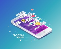 Isometric concept with mobile phone and chat. Chatting: sending and receiving messages and sms. Online conversation.  Social network. Vector illustration.