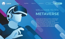 Male character using virtual reality device, metaverse illustration concept