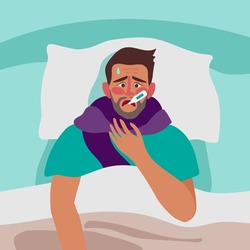 Vector illustration of the sick man laying in bed with a fever. Sick man character measuring temperature with a thermometer in mouth.
