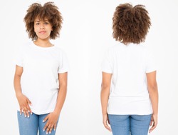 Shirts set. Summer t shirt design and close up of young afro american woman in blank template white t-shirt. Mock up. Copy space. Curly hair. front and back view.
