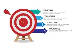 Dartboard arrows hitting target, objective achieved, target concept with four steps infographics