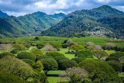 Landscape of Punch Bowl National Cemetery of the Pacific, Volcanic creater,  Honolulu, Oahu island, Hawaii USA with Koolau Mountain background 