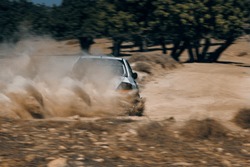 Rally car in the motion with the cloud of sands