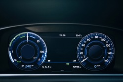 Electric car dashboard with backlight and engine starting 