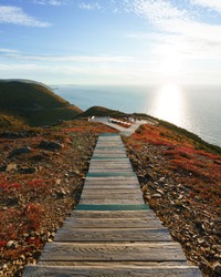 Sunset view of the Cabot Trail from the Skyline Trail in Cape Breton Highlands National Park, Nova Scotia, Canada