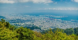 September 2018. Panorama view of Kobe town from mountain Maya and Rokko. View on sea port. Kobe.Japan.