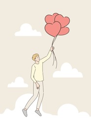 Man holding a heart shaped balloon flying through the clouds. Love and Valentine's day concept. Hand draw style. Vector illustration.