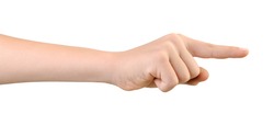 Child's hand pointing to something by forefinger, isolated on white background. Gesture of choice. Side view.