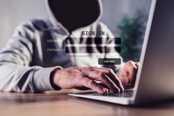 Phishing attack concept, computer hacker using fake website to steal login credentials, selective focus