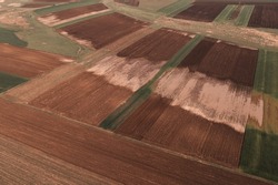 Subterranean groundwater flooding crops in cultivated fields, aerial view from drone pov