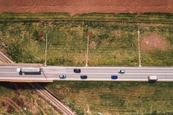 Aerial shot of traffic on the road overpass, top view