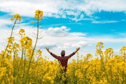 Successful male farmer wearing plaid shirt and trucker hat with arms raised in the air in victorious pose standing in blooming rapeseed field and looking at horizon, selective focus