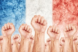 French resistance movement - united people, workers or labor union strike concept with male fists raised fighting for their rights, national flag of France