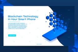 Isometric blockchain technology banner concept. Modern Concept of Digital Technology in the Shape of Block Chain in smartphone. Vector Illustration.