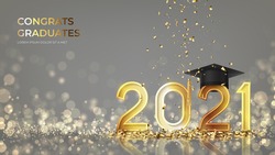 Banner for design of graduation 2021. Golden numbers with graduation cap and confetti on background with effect bokeh. Congratulations graduates 2021. Vector illustration for degree ceremony design.