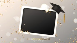 Banner for design of graduation. Blank photo frame with graduation cap, confetti and serpentine on background with effect bokeh. Congratulations graduates. Vector illustration for degree ceremony.