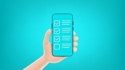 Banner with concept of checklist or wishlist. Cartoon hand holds smartphone with checklist or wishlist on screen. Vector illustration with mobile device concept.
