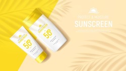 Sunscreen ad banner template. Banner with tube and jar of sunscreen on color background with shadows of tropical plants. Vector 3d ad illustration for promotion of summer goods.
