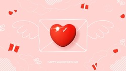 Valentine's Day holiday background. Modern mixed style vector illustration with 3d and 2d elements. Realistic 3d heart with hand drawn envelope with wings, clouds, gift boxes and envelopes.