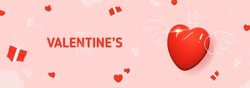Valentine's Day holiday banner. Modern mixed style vector illustration with 3d and 2d elements. Realistic 3d heart with hand drawn wings, crown, clouds, gift boxes and envelopes. Valentine's Day card.