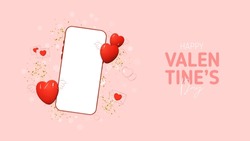 Valentine's Day holiday banner. Modern mixed style vector illustration with 3d and 2d elements. Promo banner with template of smartphone, flying hearts and golden confetti. Holiday mockup.
