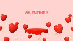 Valentine's Day holiday banner. Modern mixed style vector illustration with 3d and 2d elements. Realistic 3d podium and hearts with hand drawn wings, clouds and golden confetti. Valentine's Day card.
