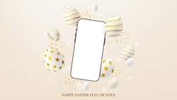 Happy Easter greeting banner. Vector holiday illustration with phone with blank display, decorative eggs and golden confetti. Happy Easter banner for presentation of products or goods.