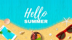 Summer holiday web banner. Top view on fresh cocktail, seashells, sun glasses, smartphone and sea sand on wooden texture. Vector illustration.