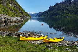 Kayaks on the bank of Luster Fjord in Sognefjorden, Norway