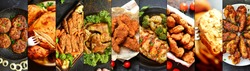 Chicken dishes. Nuggets,meatballs,chicken breast, wings. Different food. A variety of meat dishes. Food collage. Top view.