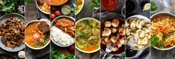 Collage of food in the dishes. A variety of food, vegetables, chicken, top view. Options for dishes. Dinner options in plates.