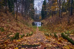 Autumn in the old park: stairs, pond, Komarovo.